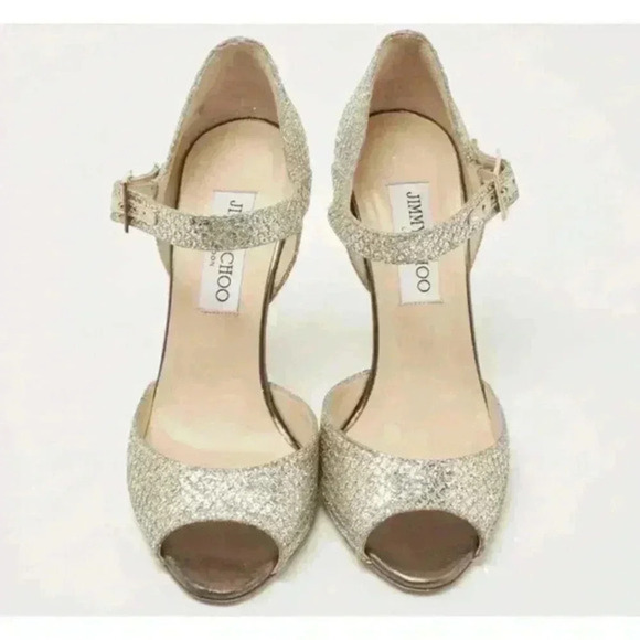 Jimmy Choo Gold Coarse Glitter Peep Toe Ankle Strap‎ Sandals Size 35 1/2 - Picture 2 of 16